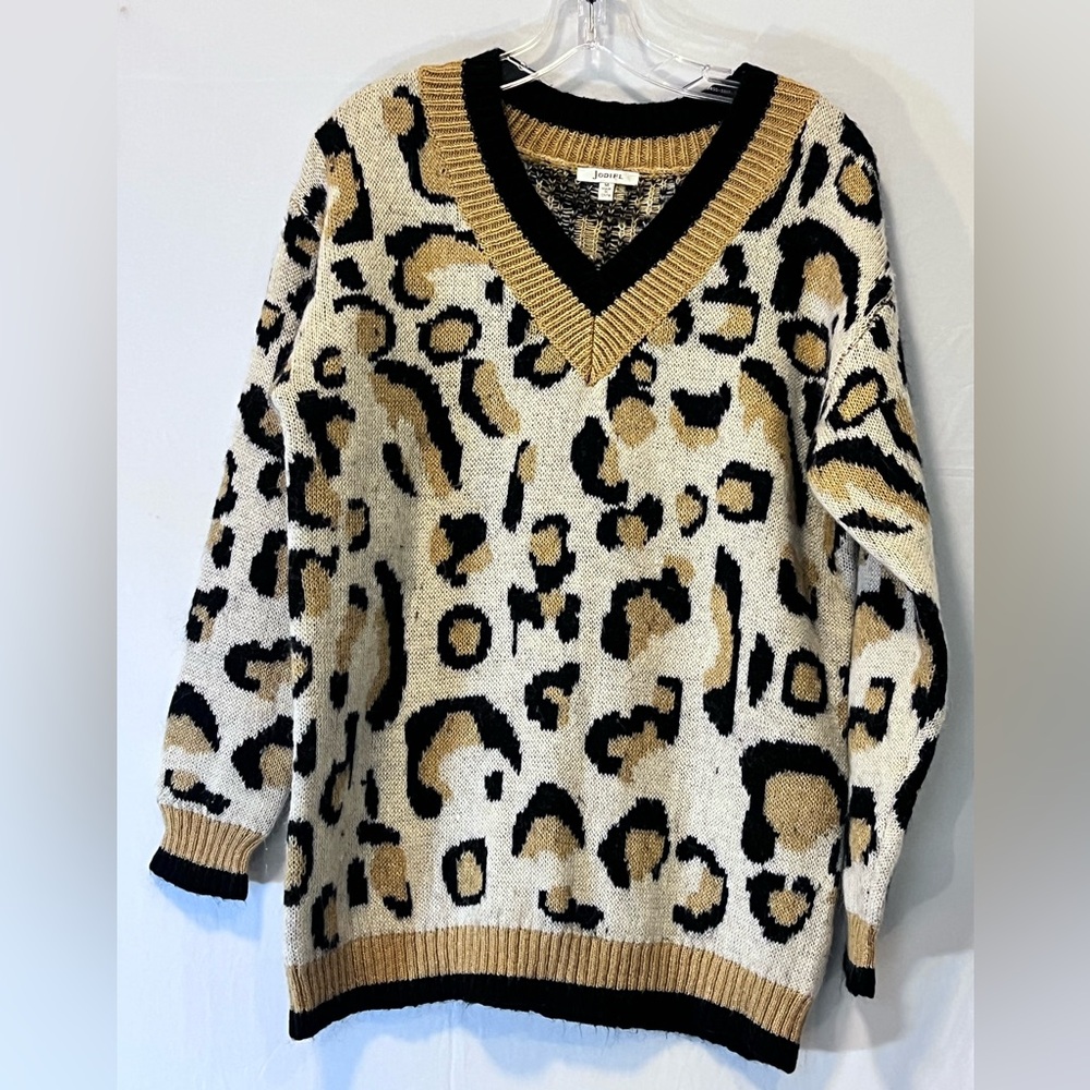 JODIFL Brown and Black V-Neck Sweater with Animal Print Medium Fall Winter